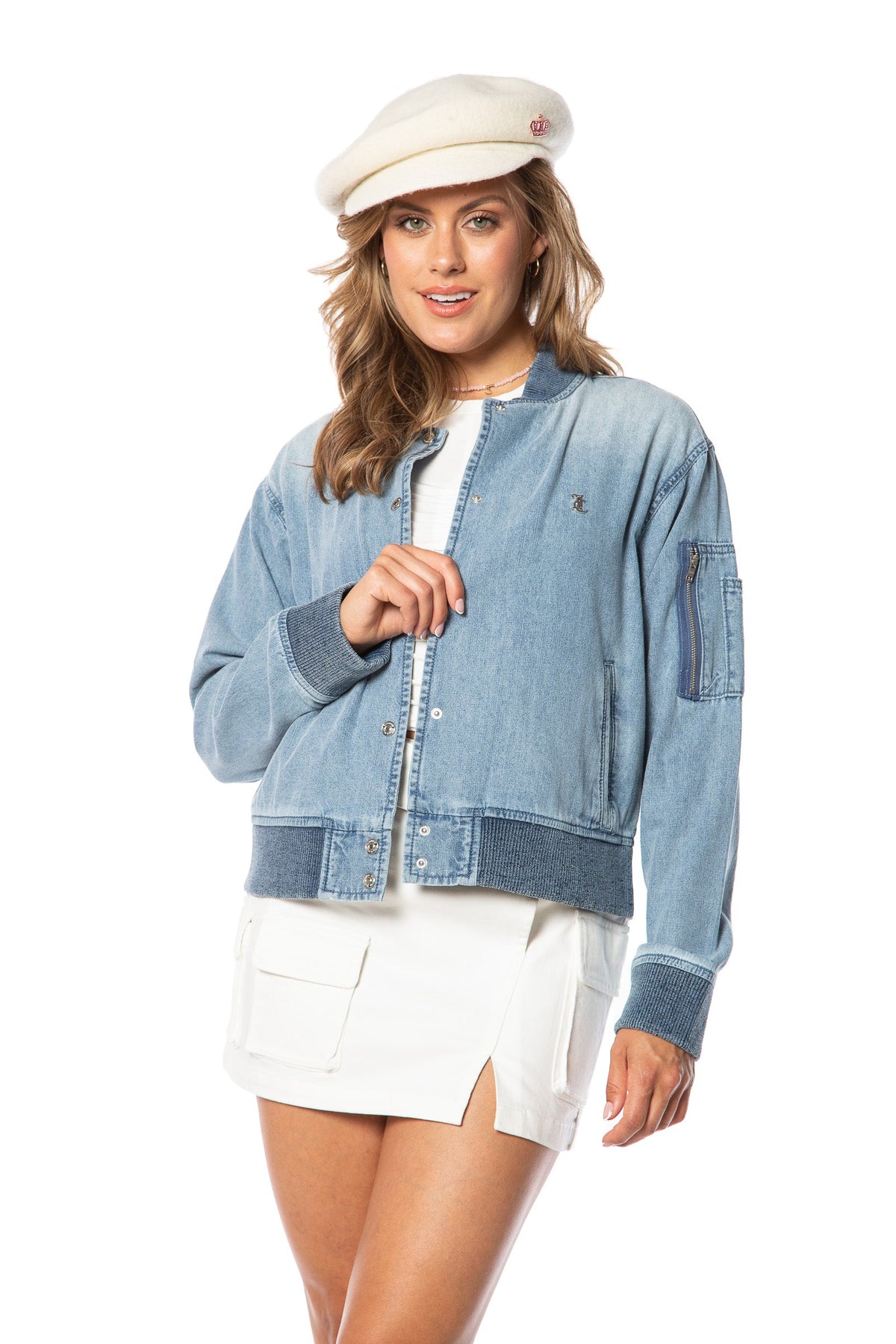 Denim Bomber Jacket with Ribbed detail