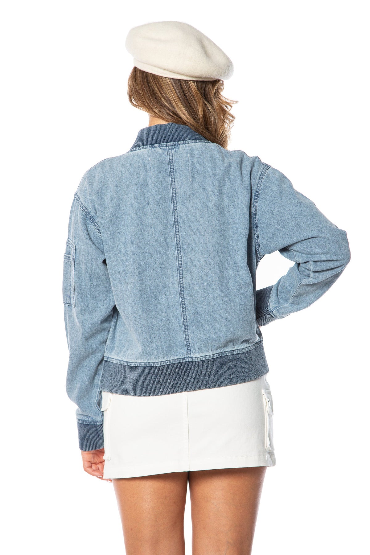 Denim Bomber Jacket with Ribbed detail