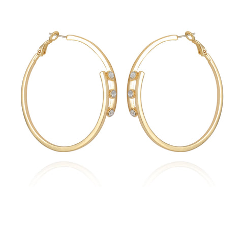 14K Goldtone Tri-Crystal Stone Hoop Earring