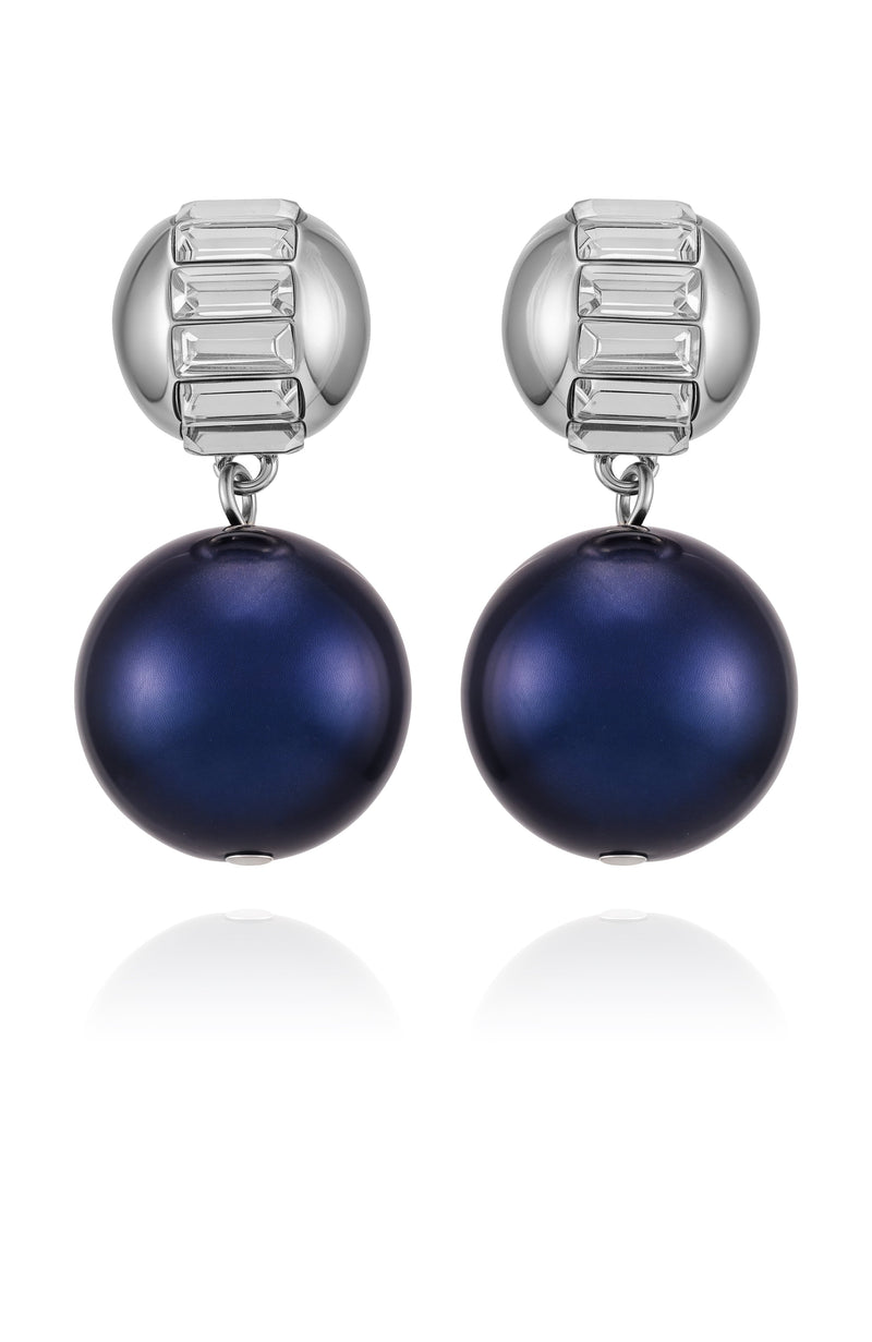 Silvertone Drop Earrings With Navy Pearl Crystal Accents