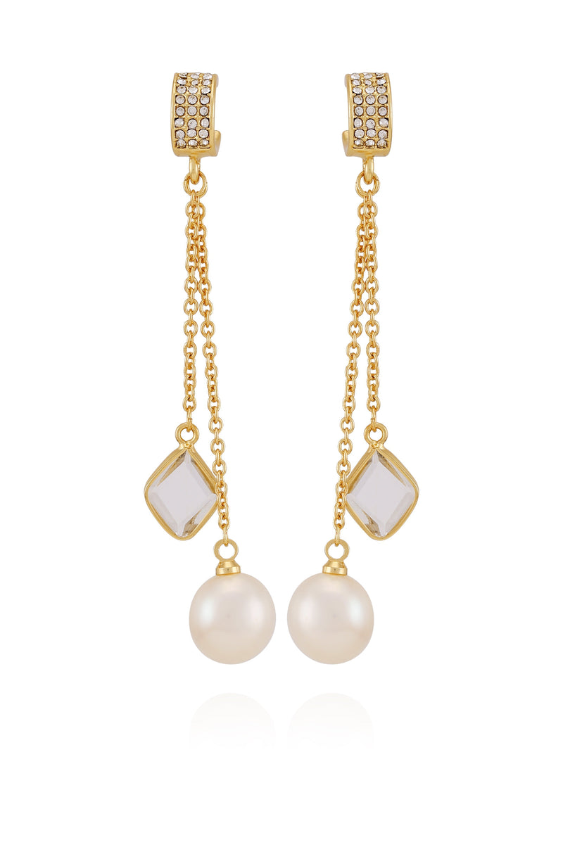 Goldtone Dangle Earrings With Pearl Crystal Drop