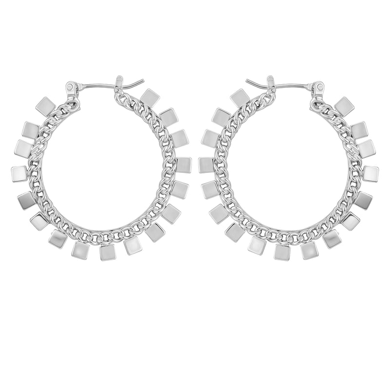 Silvertone Hoop Earrings With Geometric Accents