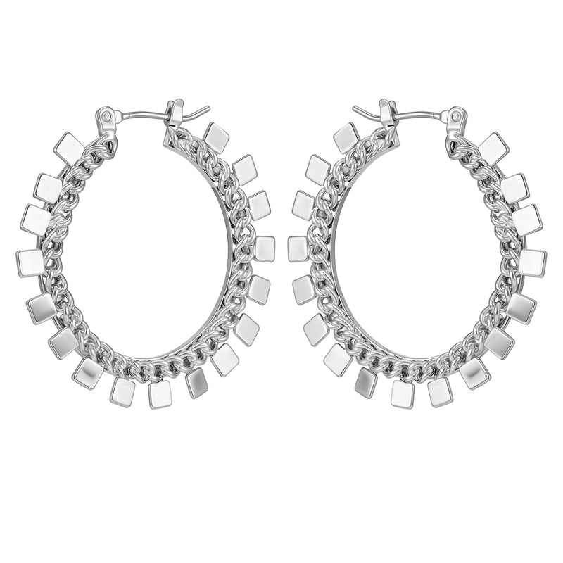 Silvertone Hoop Earrings With Geometric Accents
