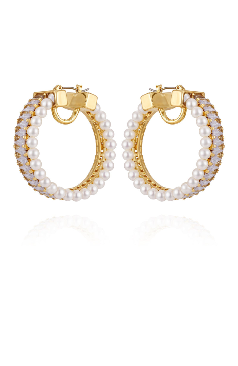 Goldtone Hoop Earrings With Pearls Baguette Crystals
