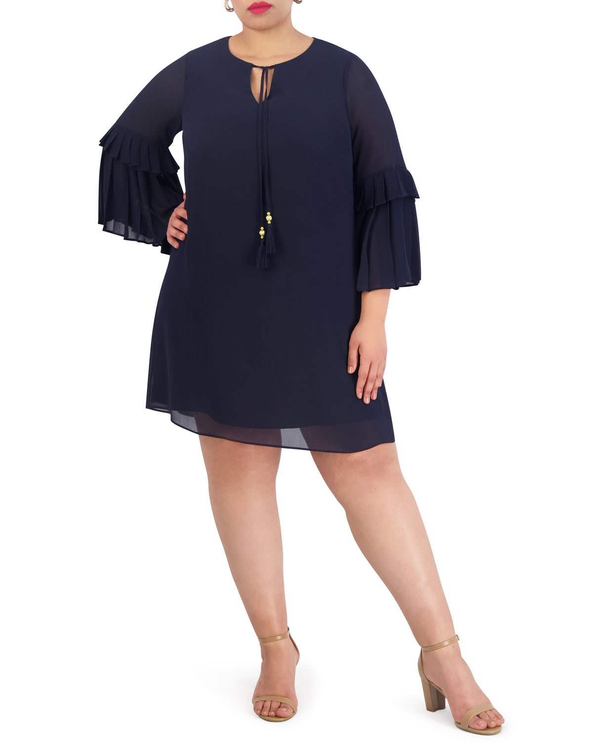 Plus-Size Tasseled Pleated-Sleeve Dress