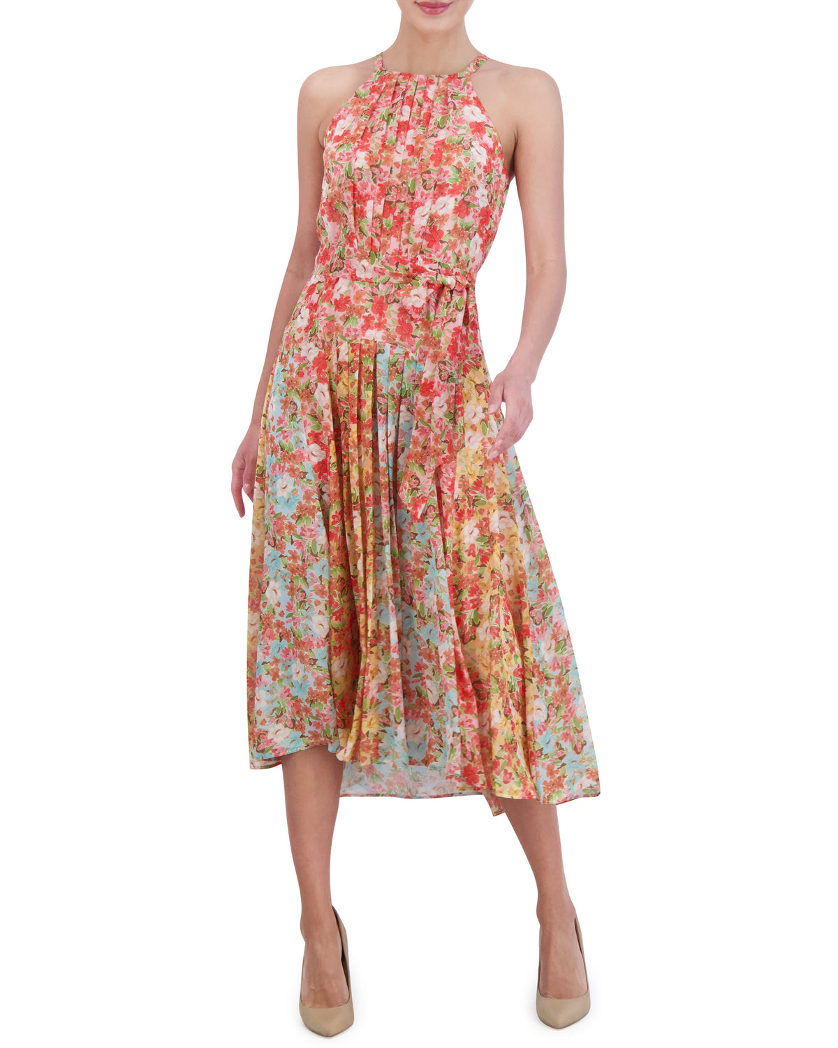 Printed Pleated Chiffon Midi Dress