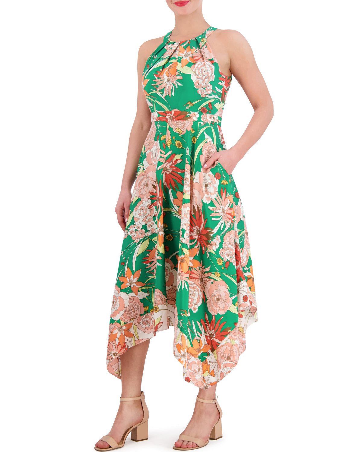 Floral-Print Handkerchief-Hem Dress