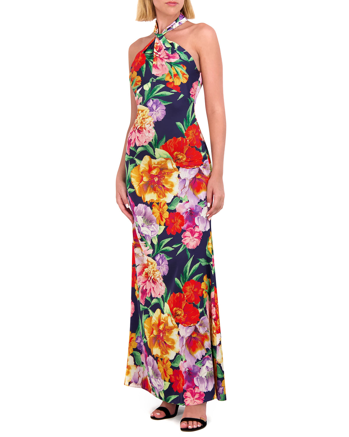 Floral-Print Twist-Top Halter Gown