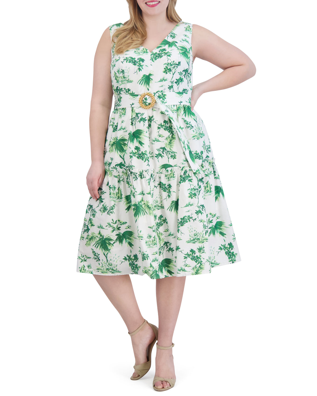 Plus-Size Floral-Print Belted Tiered Dress