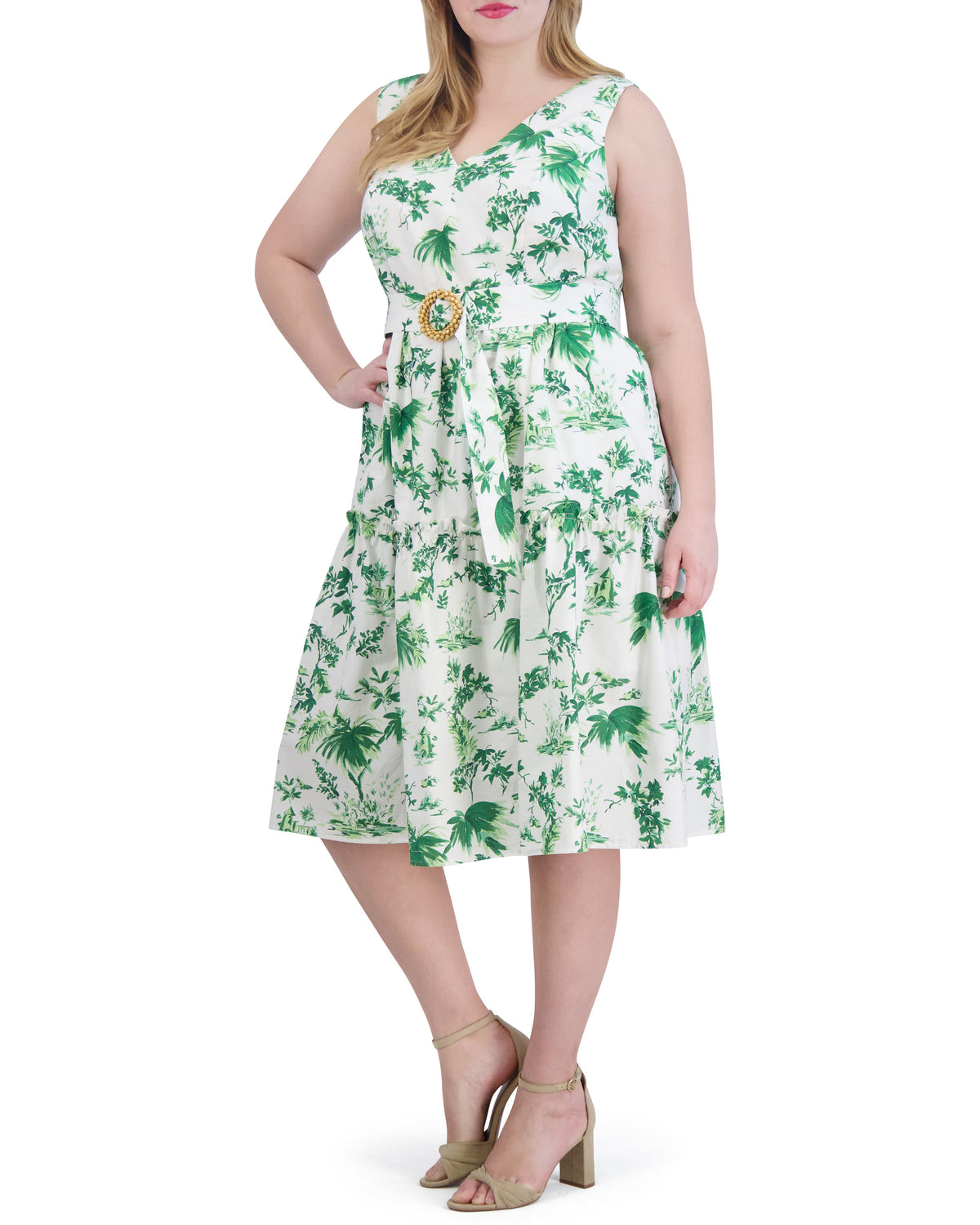 Plus-Size Floral-Print Belted Tiered Dress