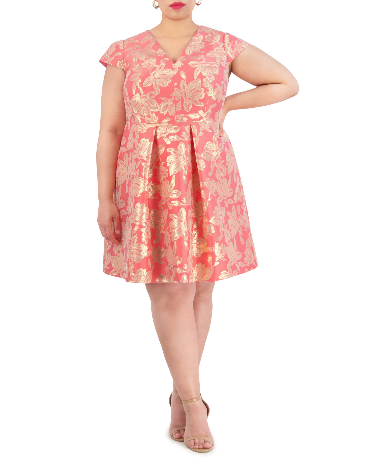 Plus-Size Floral-Jacquard Pleated V-Neck Dress