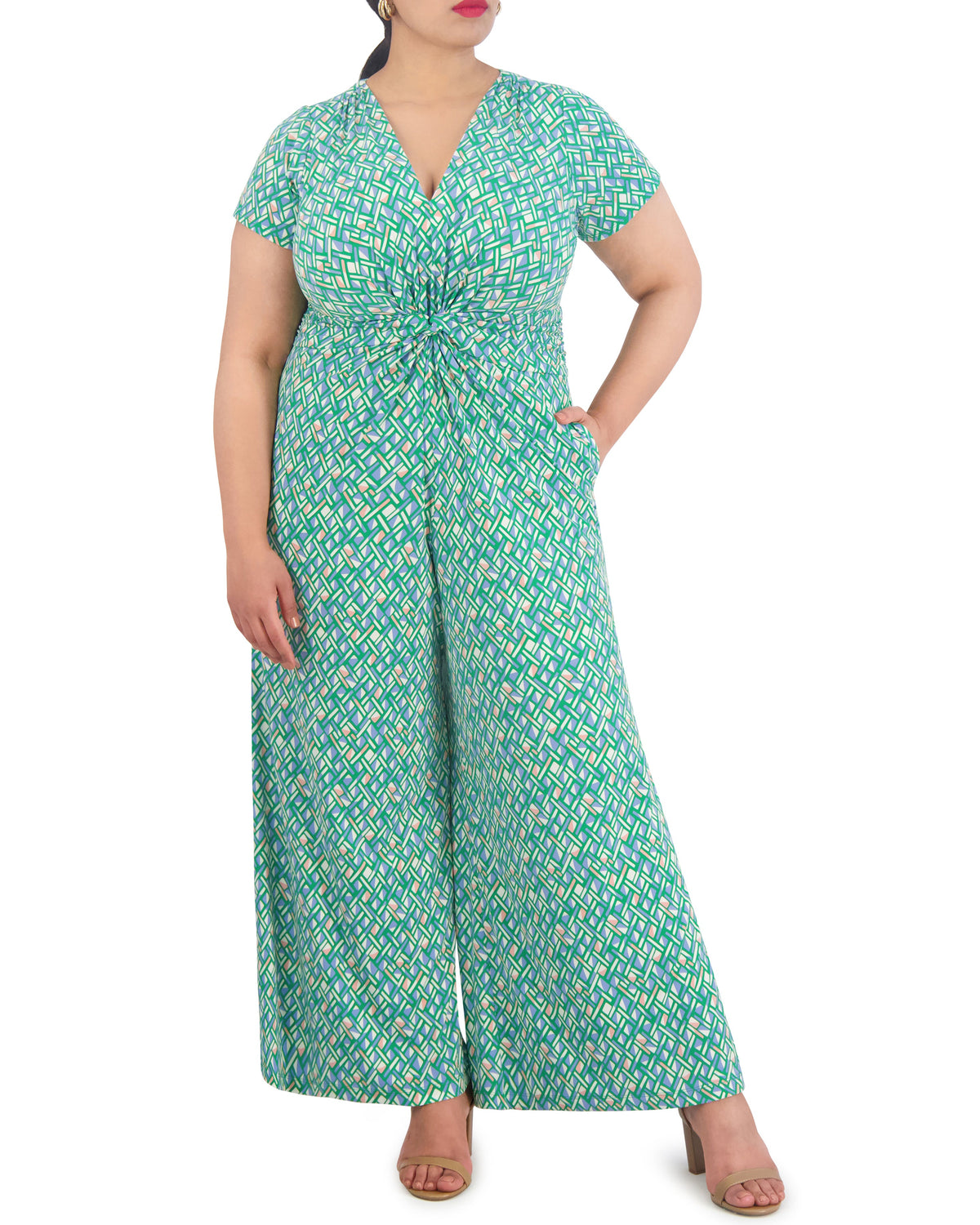 Plus-Size Printed Twist-Front Flared-Leg Jumpsuit