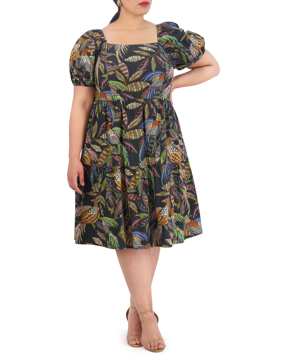 Plus-Size Printed Cotton Square-Neck Midi Dress