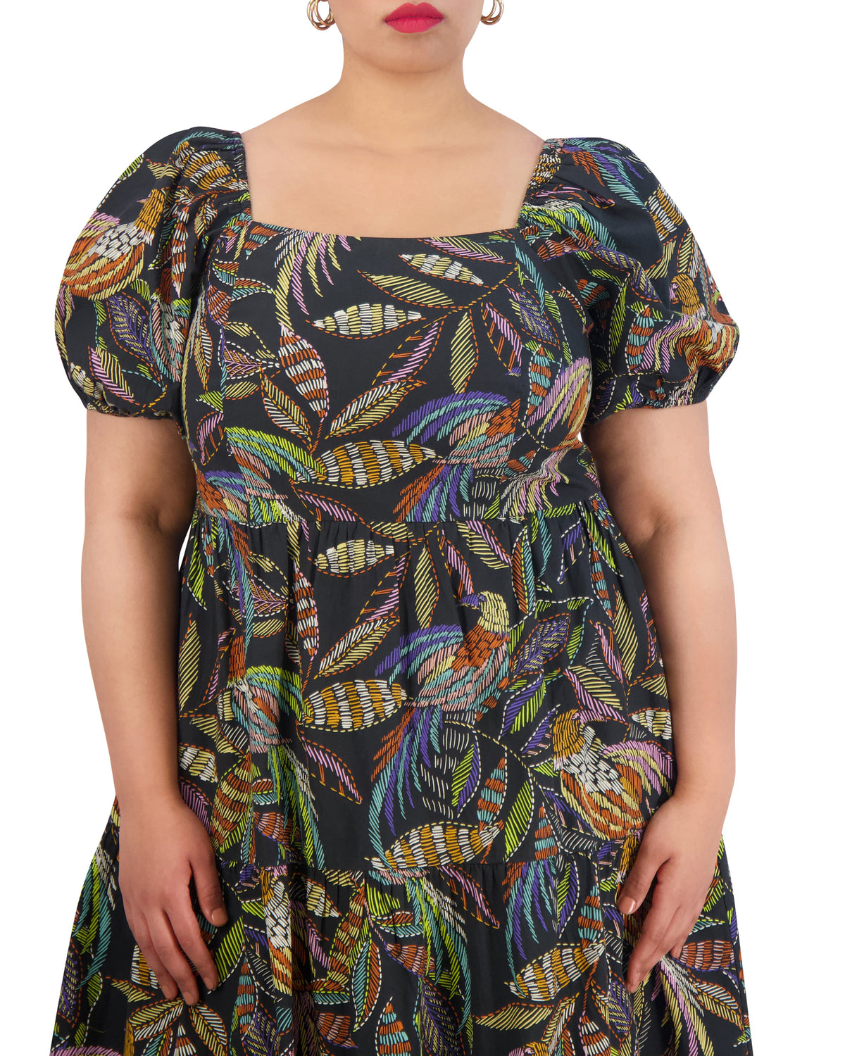 Plus-Size Printed Cotton Square-Neck Midi Dress