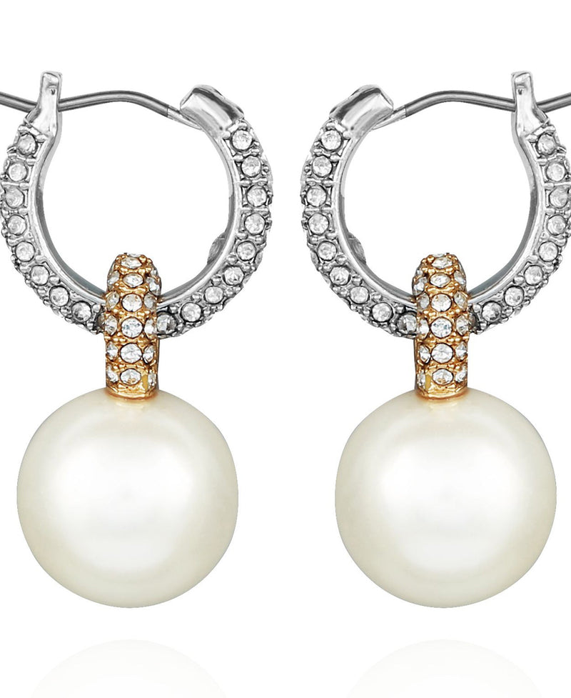 Two Tone Pearl Drop Hoop Earrings