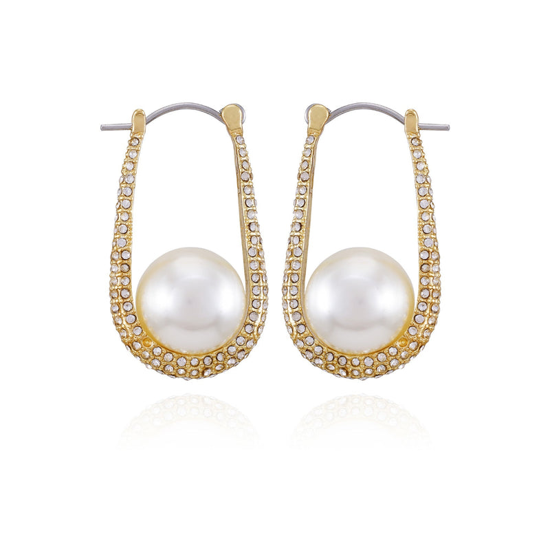 Goldtone Crystal Stone Pearl Hoop Earrings
