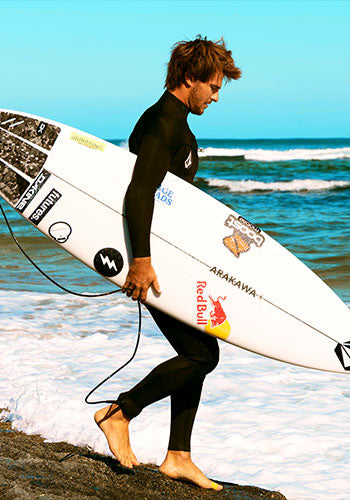 Man in black wetsuit holding a surfboard, walking along the coast