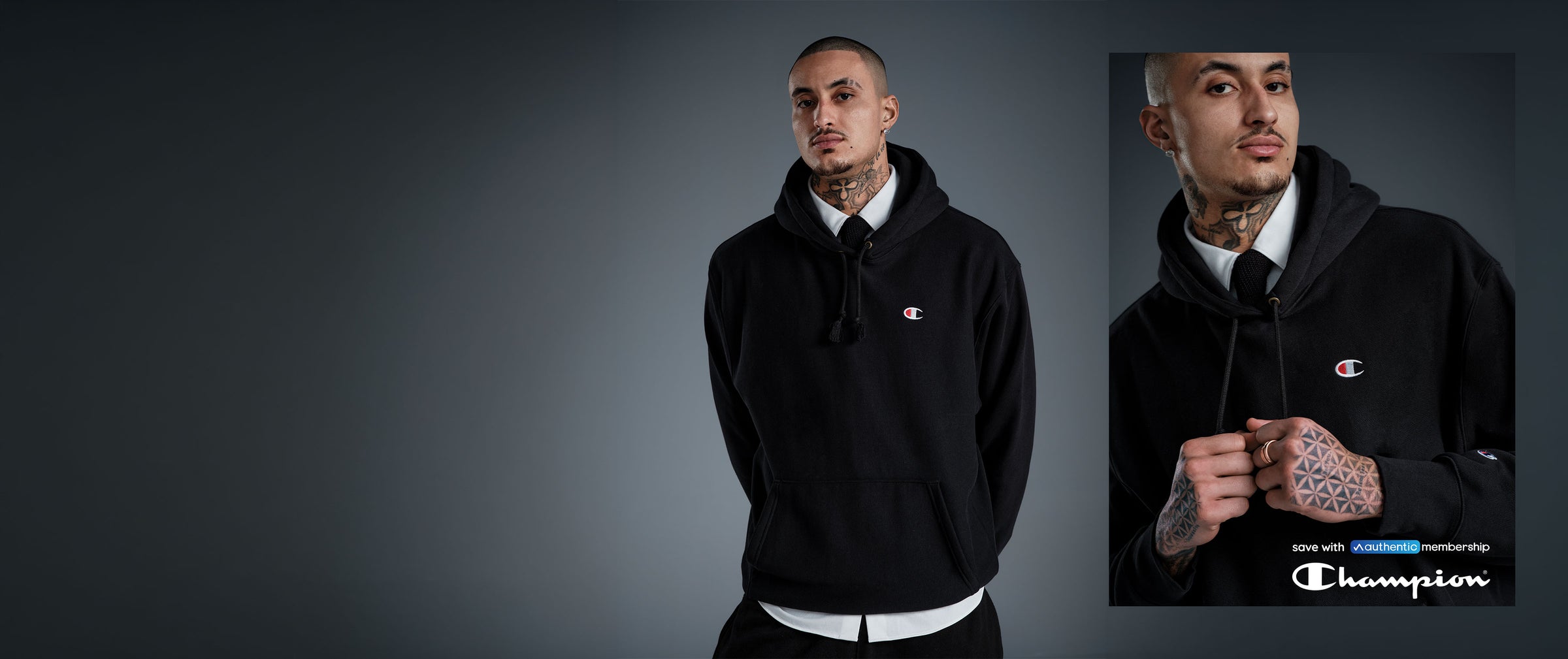 Collage of person in black hoodie against gray background with bottom right text reading "Save with Authentic Membership" and the Champion logo