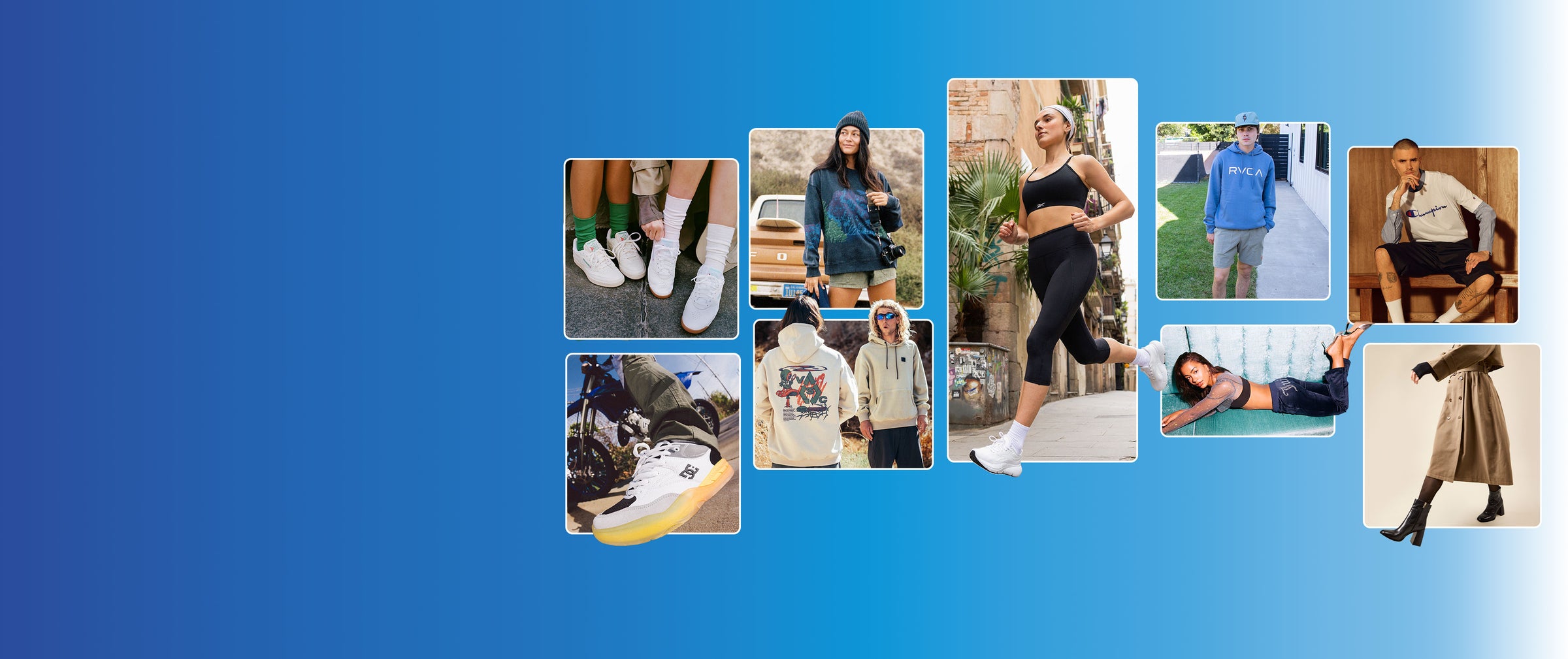 Grid of lifestyle fashion photography on gradient blue background