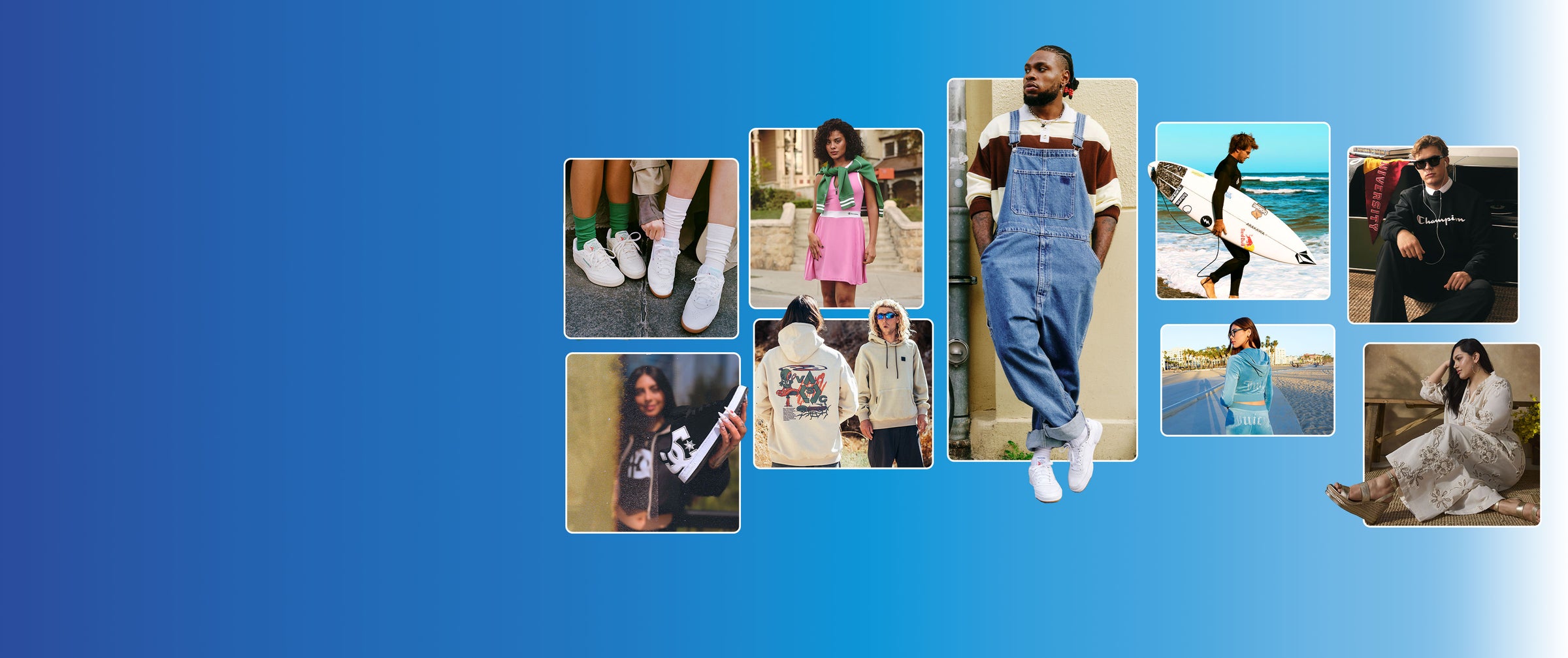 Grid of lifestyle fashion photography on gradient blue background