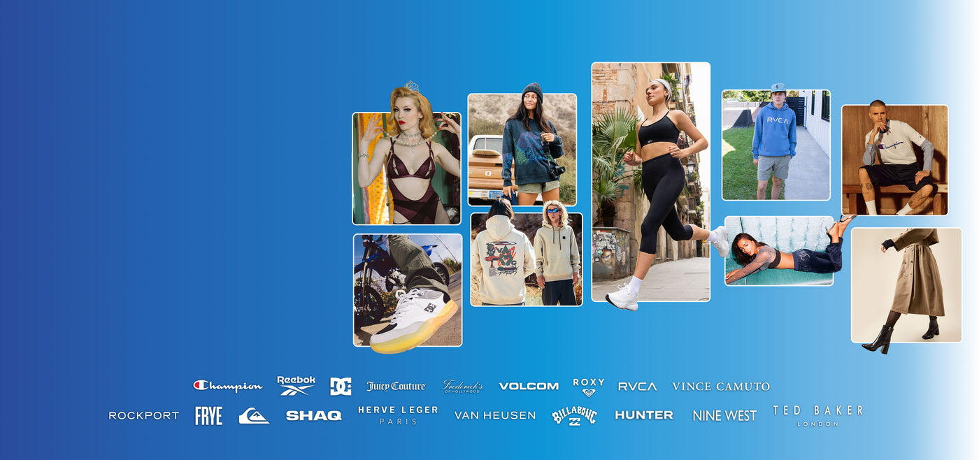 Collage of models of varying genders and outfits, from lingerie to sneakers to activewear, on a gradient blue background. Two rows of logos beneath the collage.