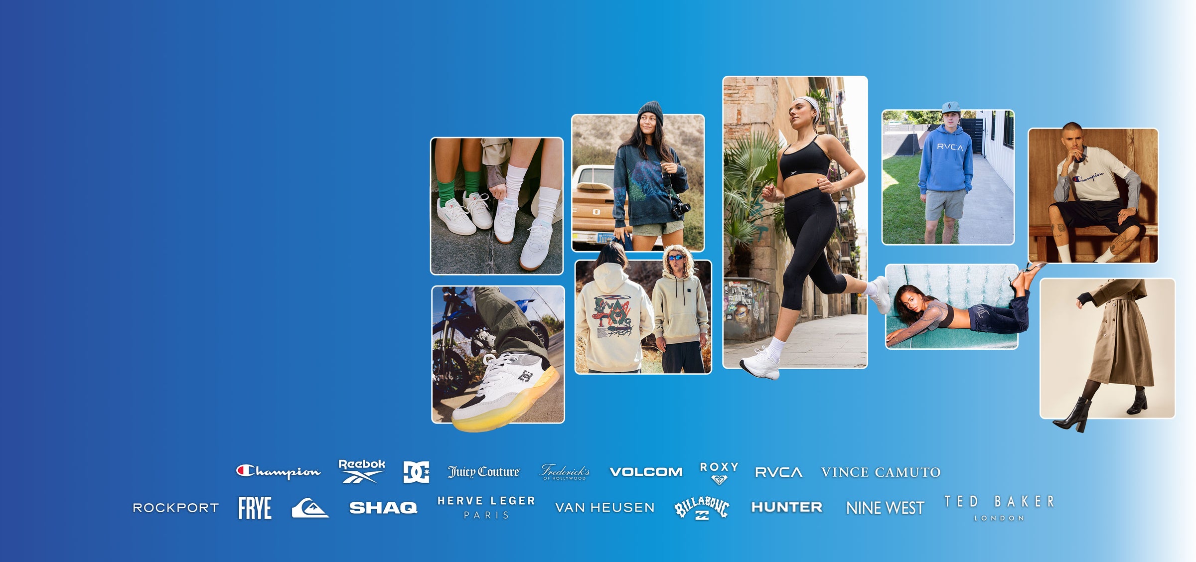 Grid of various lifestyle models showing shoes and clothings on a gradient blue background