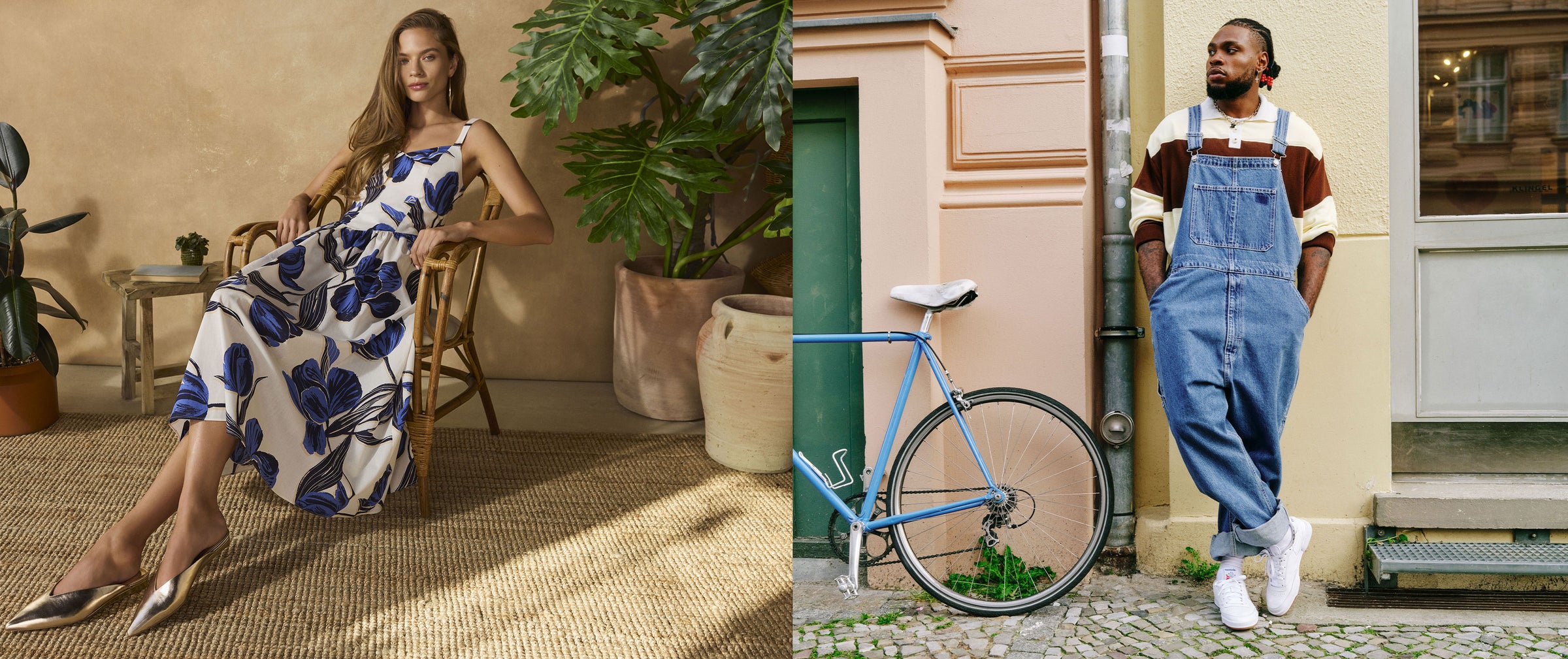 Collage of woman in flower-patterned dress and gold flats sitting indoors and man in overalls and white sneakers standing outside a shop