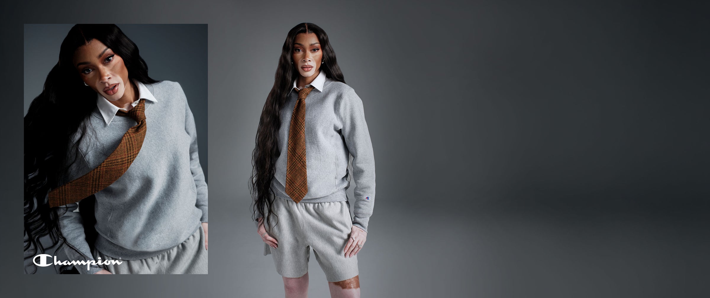 Collage of woman in grey sweats with brown tie on a gray background