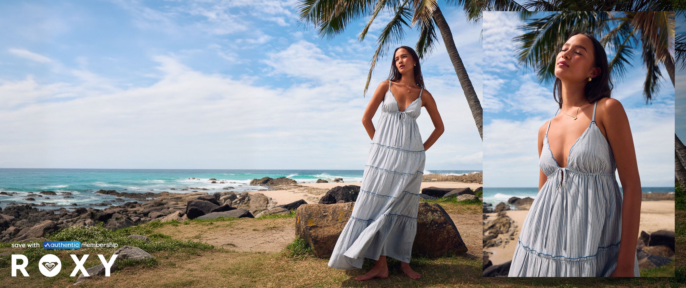 Collage of person in blue and white dress standing barefoot under palm tree by the beach, with bottom left text reading "Save with Authentic Membership" on top of Roxy logo