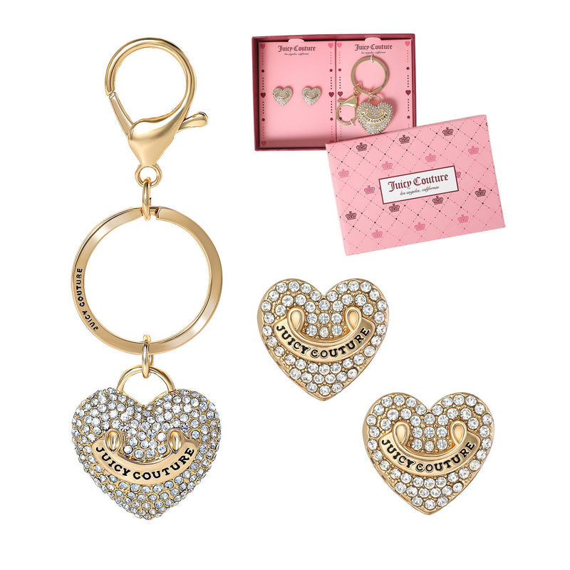 Gold-Tone Pave Heart Keychain Bag Charm & Earrings Set