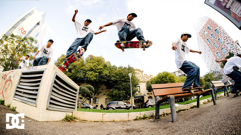 Collage of person doing trick in skateboard outside