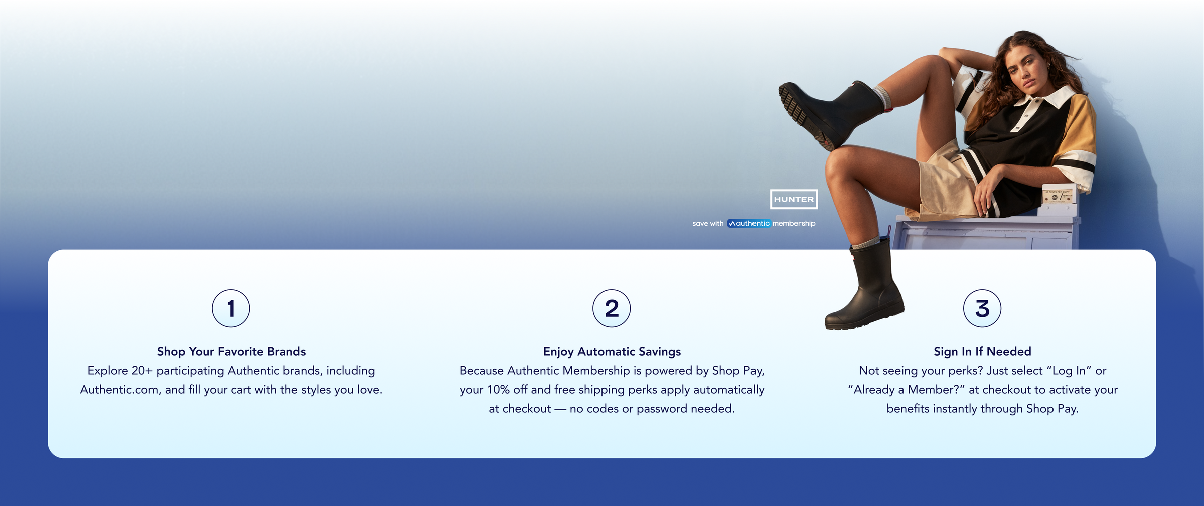 Promotional banner image featuring a model and text: 1. Shop Your Favorite Brands - Explore 20+ participating Authentic brands, including Authentic.com, and fill your cart with the styles you love. 2. Enjoy Automatic Savings - Because Authentic Membership is powered by Shop Pay, your 10% off and free shipping perks apply automatically at checkout — no codes or password needed. 3. Sign In If Needed - Not seeing your perks? Just select “Log In” or “Already a Member?” at checkout to activate your benefits 