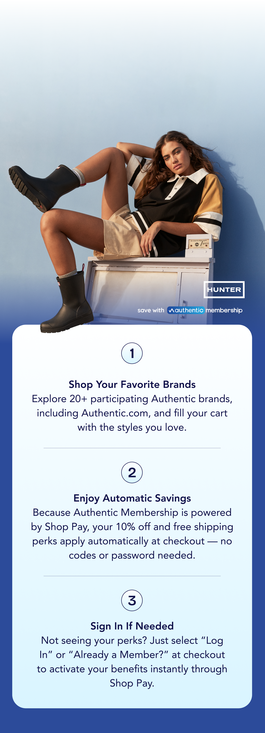 Promotional banner image featuring a model and text: 1. Shop Your Favorite Brands - Explore 20+ participating Authentic brands, including Authentic.com, and fill your cart with the styles you love. 2. Enjoy Automatic Savings - Because Authentic Membership is powered by Shop Pay, your 10% off and free shipping perks apply automatically at checkout — no codes or password needed. 3. Sign In If Needed - Not seeing your perks? Just select “Log In” or “Already a Member?” at checkout to activate your benefits 