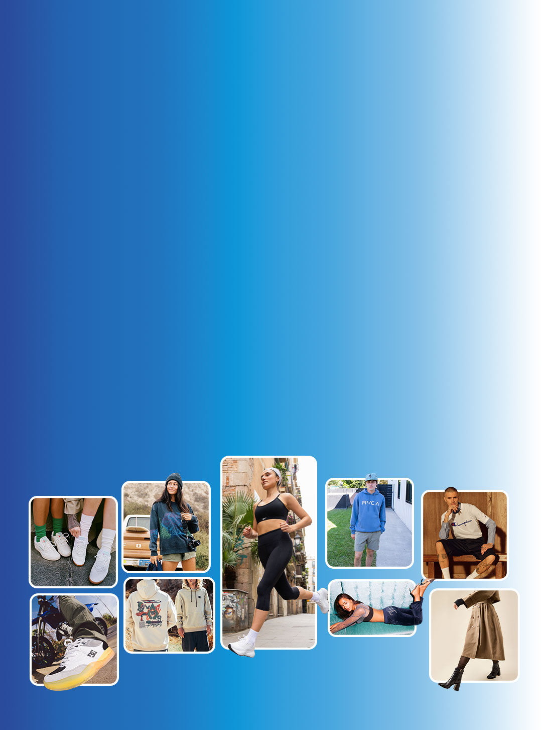 Grid of lifestyle fashion photography on gradient blue background