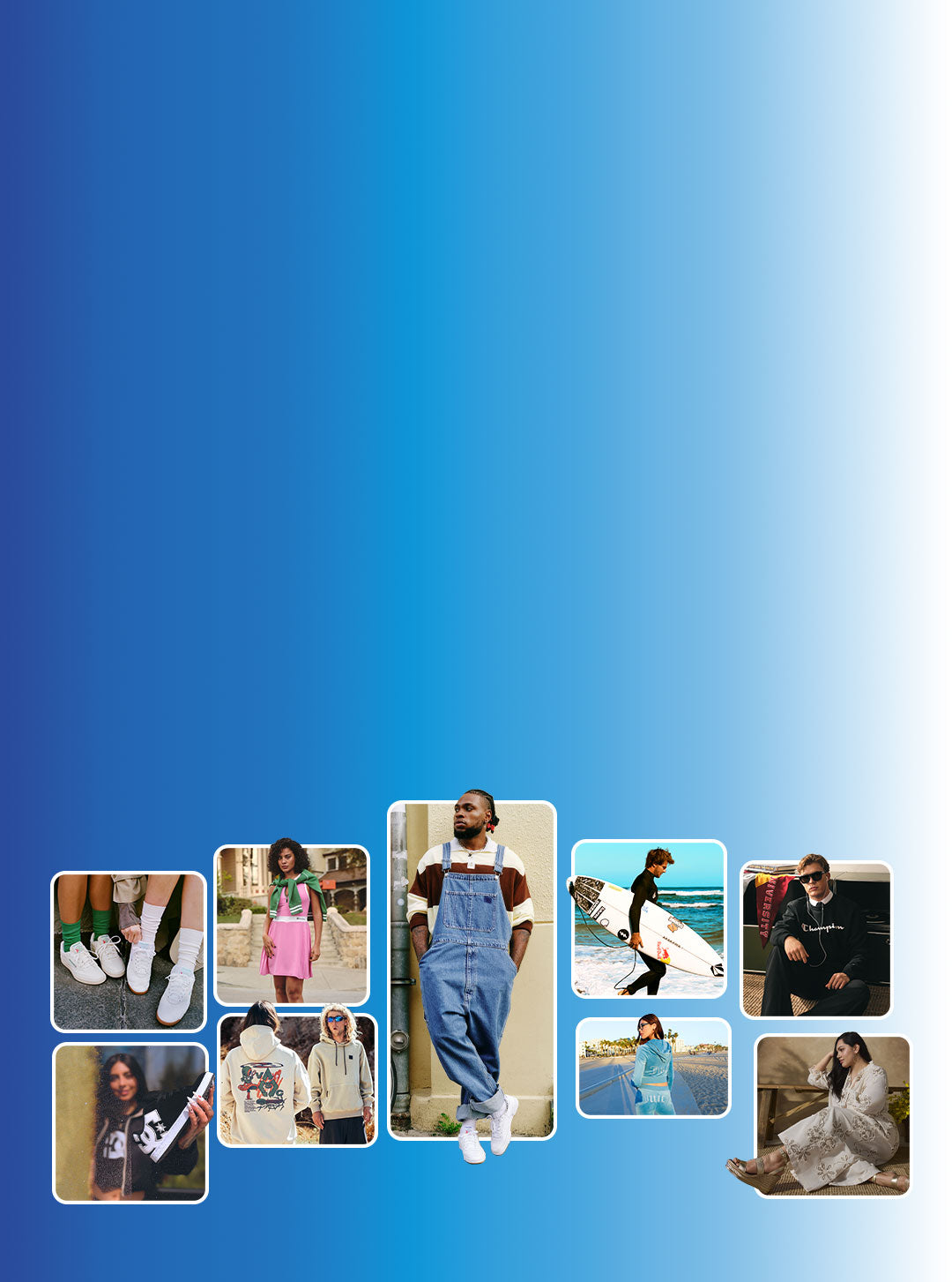 Grid of lifestyle fashion photography on gradient blue background