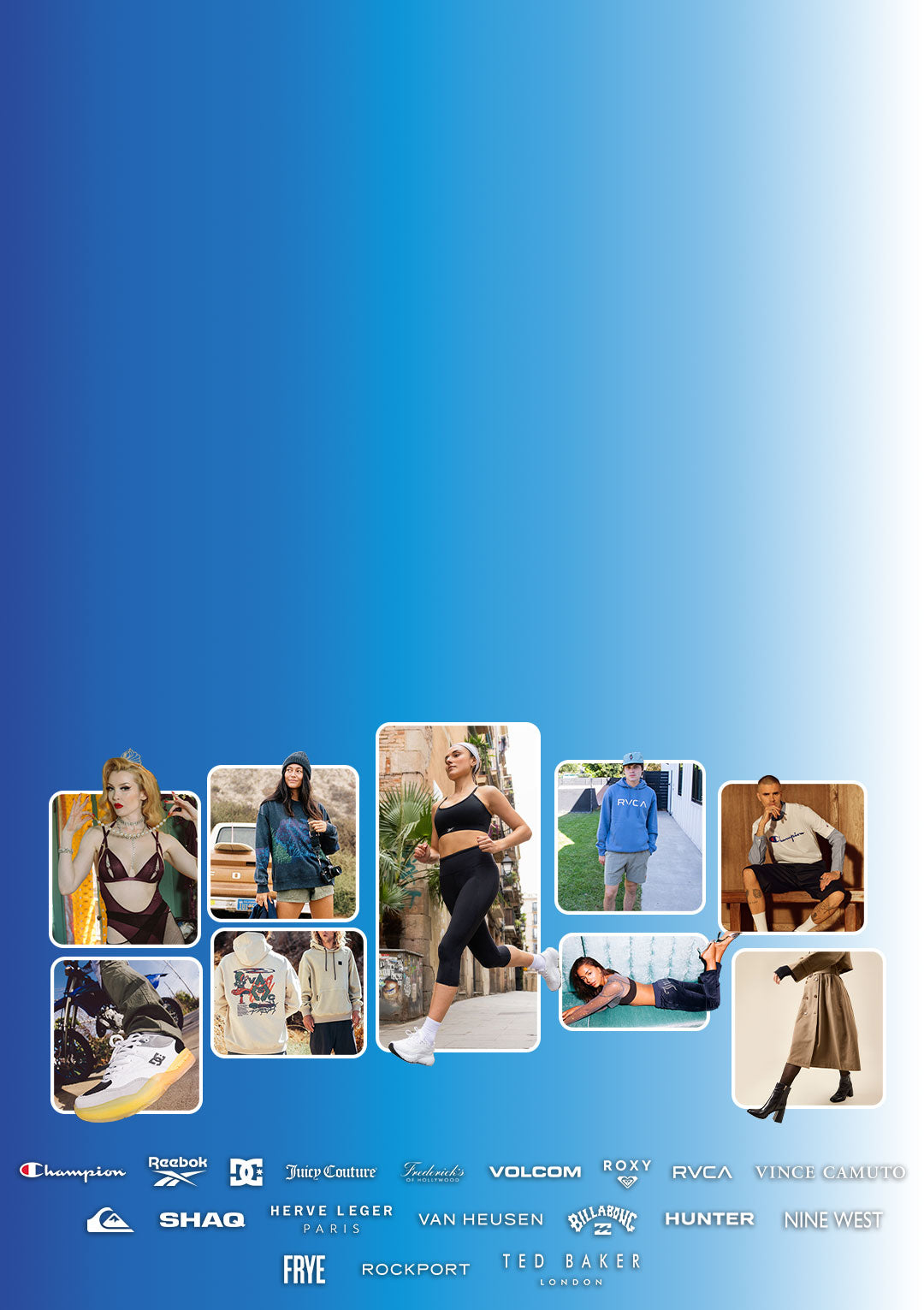 Collage of models of varying genders and outfits, from lingerie to sneakers to activewear, on a gradient blue background. Two rows of logos beneath the collage.