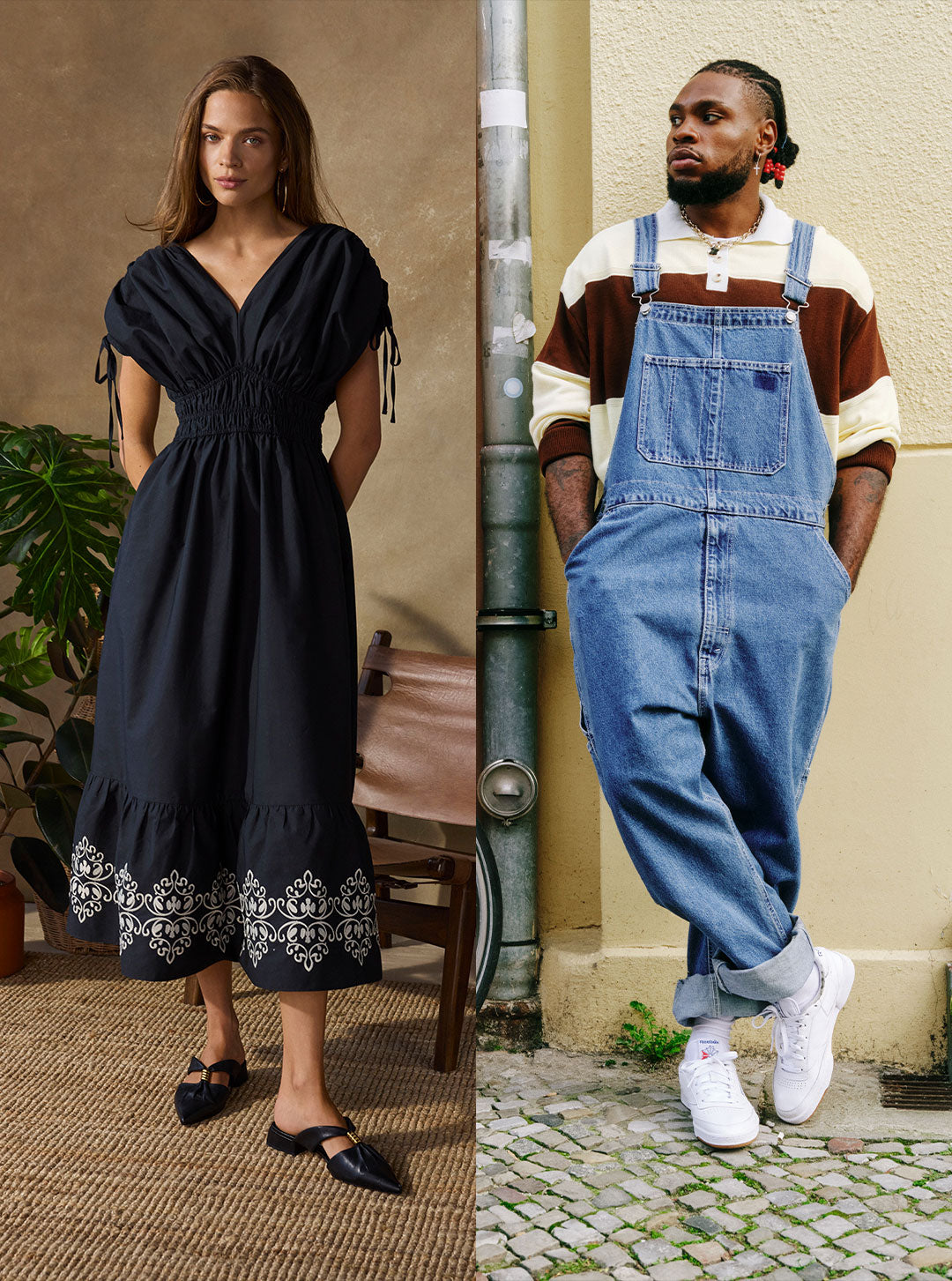 Collage of woman in flower-patterned dress and gold flats sitting indoors and man in overalls and white sneakers standing outside a shop
