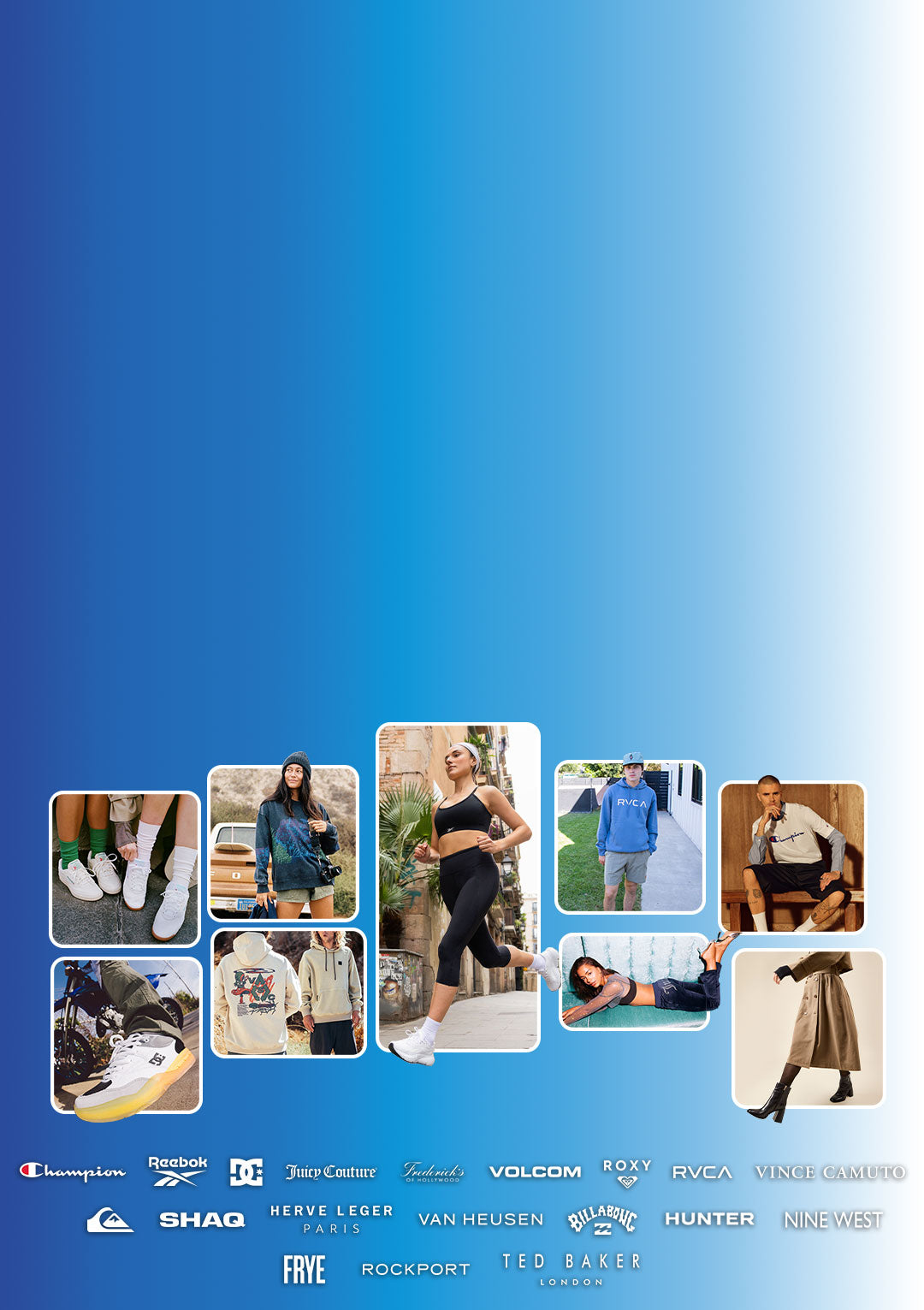 Grid of various lifestyle models showing shoes and clothings on a gradient blue background