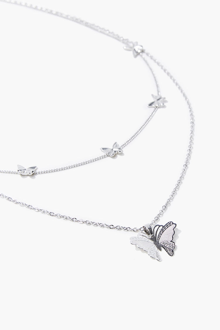 Forever 21 Women's Layered Butterfly Pendant Choker Necklace Silver