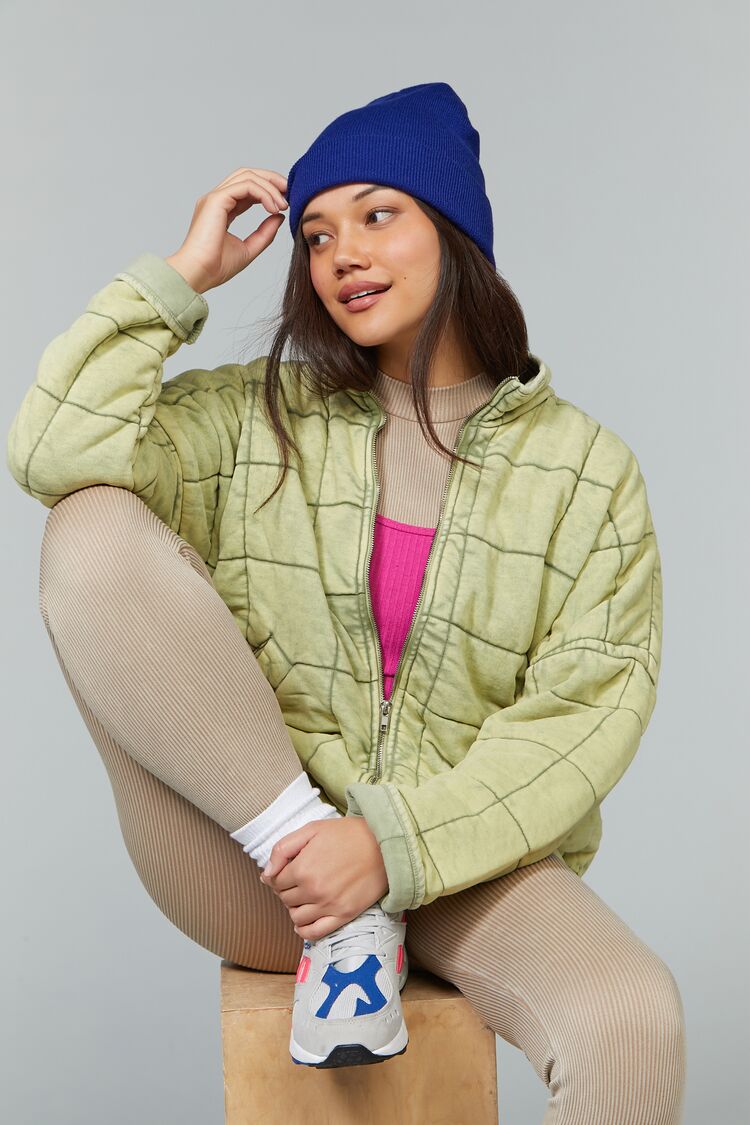 Forever 21 Women's Quilted Zip-Up Jacket Light Olive