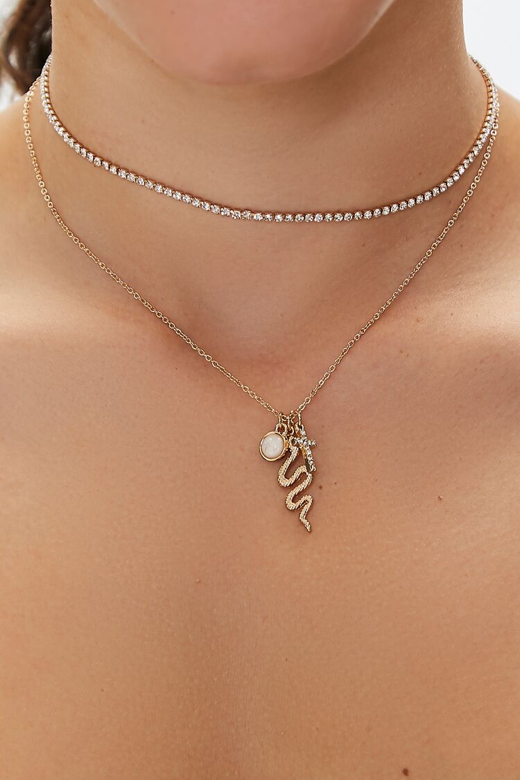 Forever 21 Women's Snake & Cross Pendant Necklace Set Gold