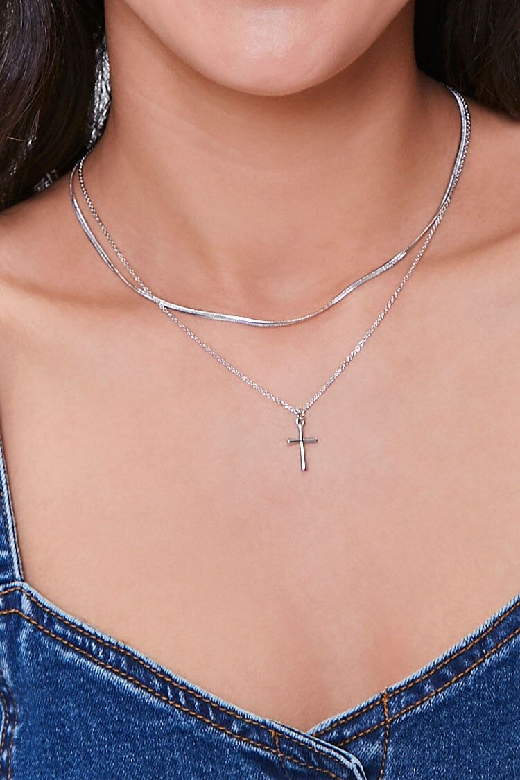 Forever 21 Women's Layered Cross Pendant Necklace Silver