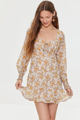 Forever 21 Women's Floral Print Peasant-Sleeve Spring/Summer Dress Ivory/Multi