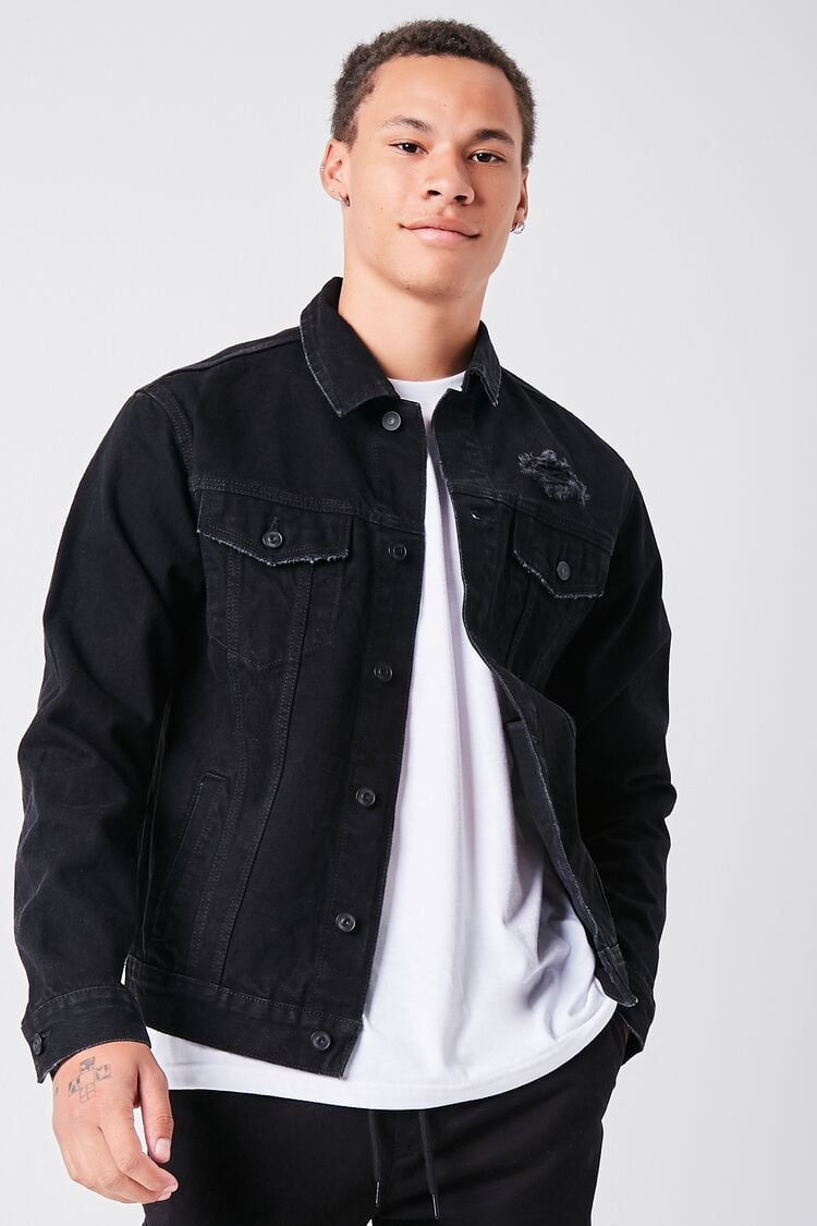 Forever 21 Men's Distressed Denim Trucker Jacket Black