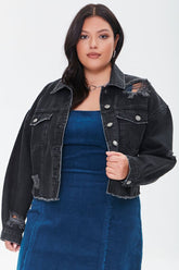 Forever 21 Plus Women's Distressed Denim Jacket Black