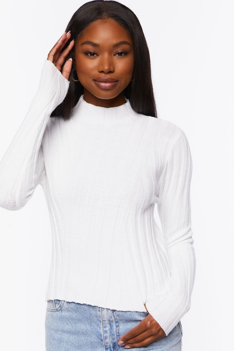 Forever 21 Knit Women's Ribbed Mock Neck Sweater White