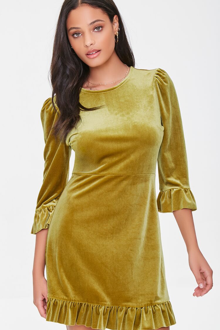 Forever 21 Women's Velvet Flounce Mini Spring/Summer Dress Gold