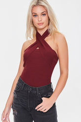 Forever 21 Women's Sweater-Knit Crisscross Halter Bodysuit Burgundy