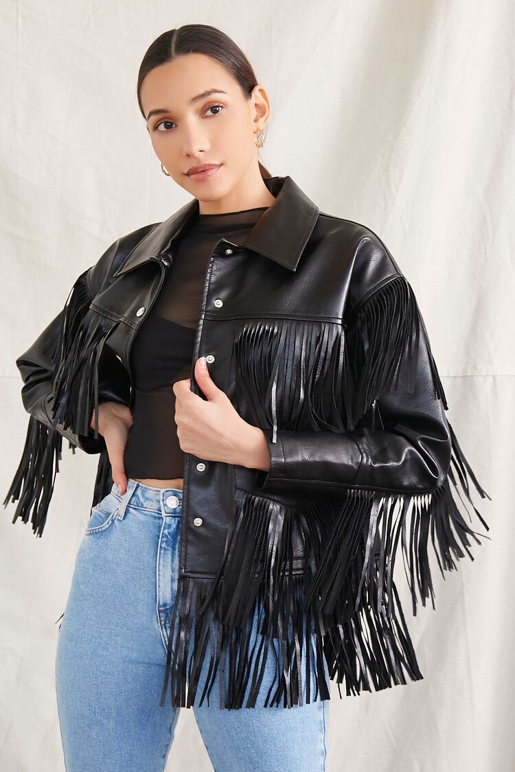 Forever 21 Women's Faux Leather/Pleather Fringe Moto Jacket Black