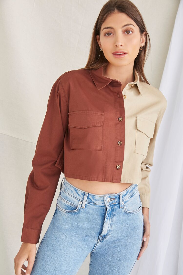 Forever 21 Women's Twill Colorblock Top Brown/Taupe